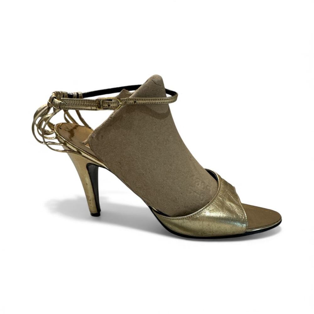 VINTAGE BALLY GOLD FOIL ANKLE WRAP HEELS SZ 6.5 ENGLAND